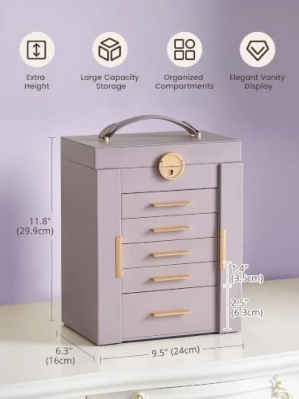 Large 6-Layer Jewelry Organizer Box with 5 Drawers - Stylish Purple Storage